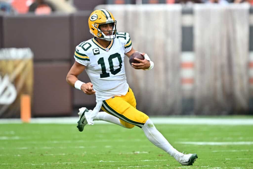 CLEVELAND, OHIO - SEPTEMBER 21: Jordan Love #10 of the Green Bay Packers carries the ball during the third quarter against the Cleveland Browns at Huntington Bank Field on September 21, 2025 in Cleveland, Ohio.