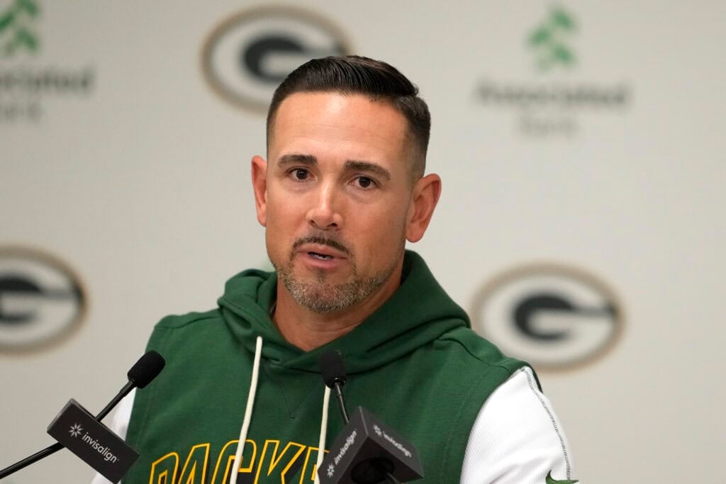 GREEN BAY, WISCONSIN - SEPTEMBER 07: Head coach Matt LaFleur of the Green Bay Packers speaks to the media after the game against the Detroit Lions at Lambeau Field on September 07, 2025 in Green Bay, Wisconsin.