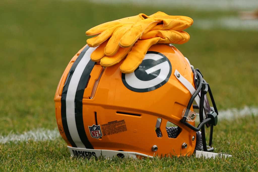 ASHWAUBENON, WISCONSIN - MAY 31: A detailed view of a Green Bay Packers helmet during an OTA practice session at Don Hutson Center on May 31, 2023 in Ashwaubenon, Wisconsin.