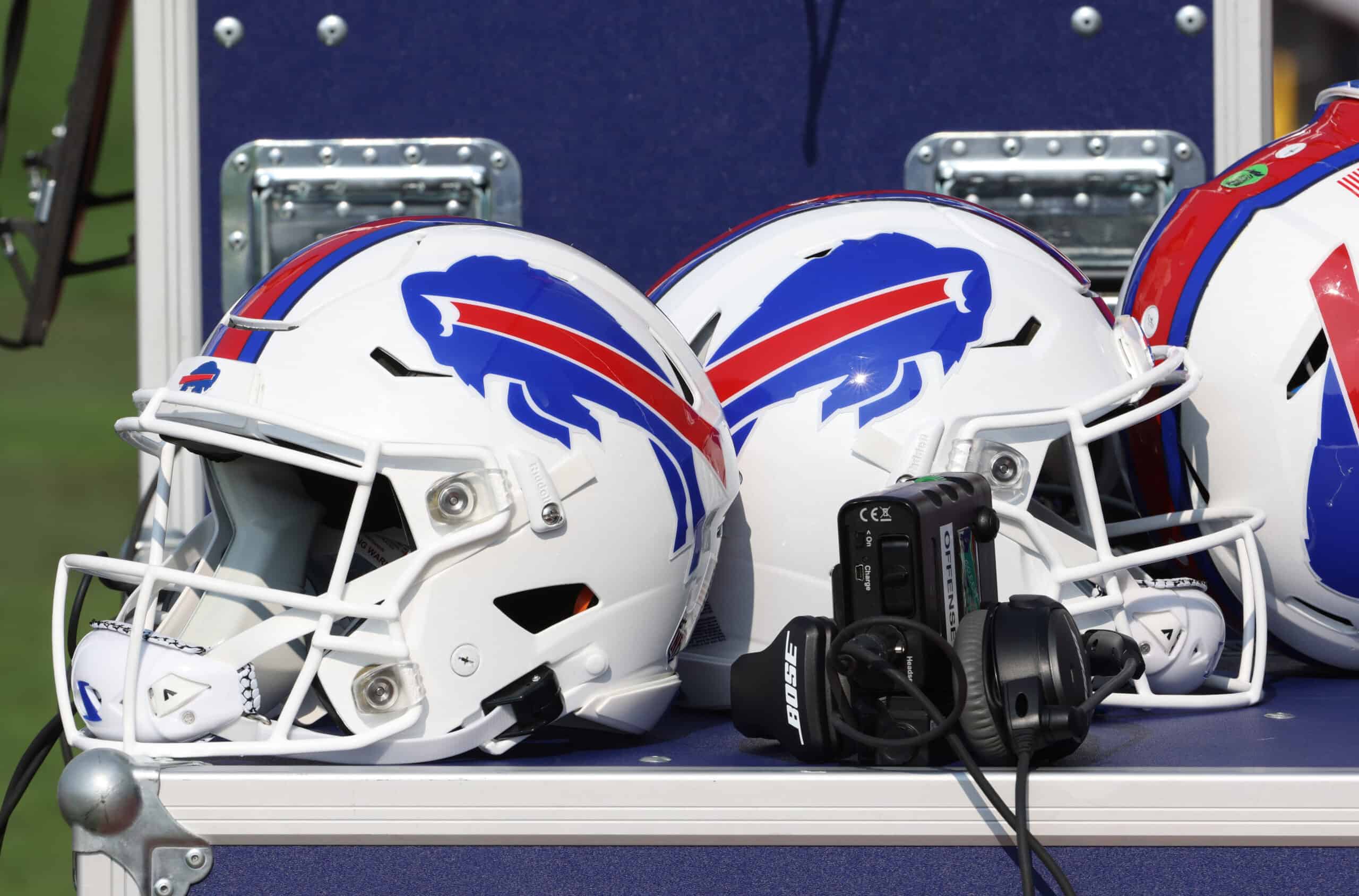 ORCHARD PARK, NY - JULY 28: A general view of the helmets worn by Buffalo Bills players during training camp at the Adpro Sports Training Center on July 28, 2021 in Orchard Park, New York.