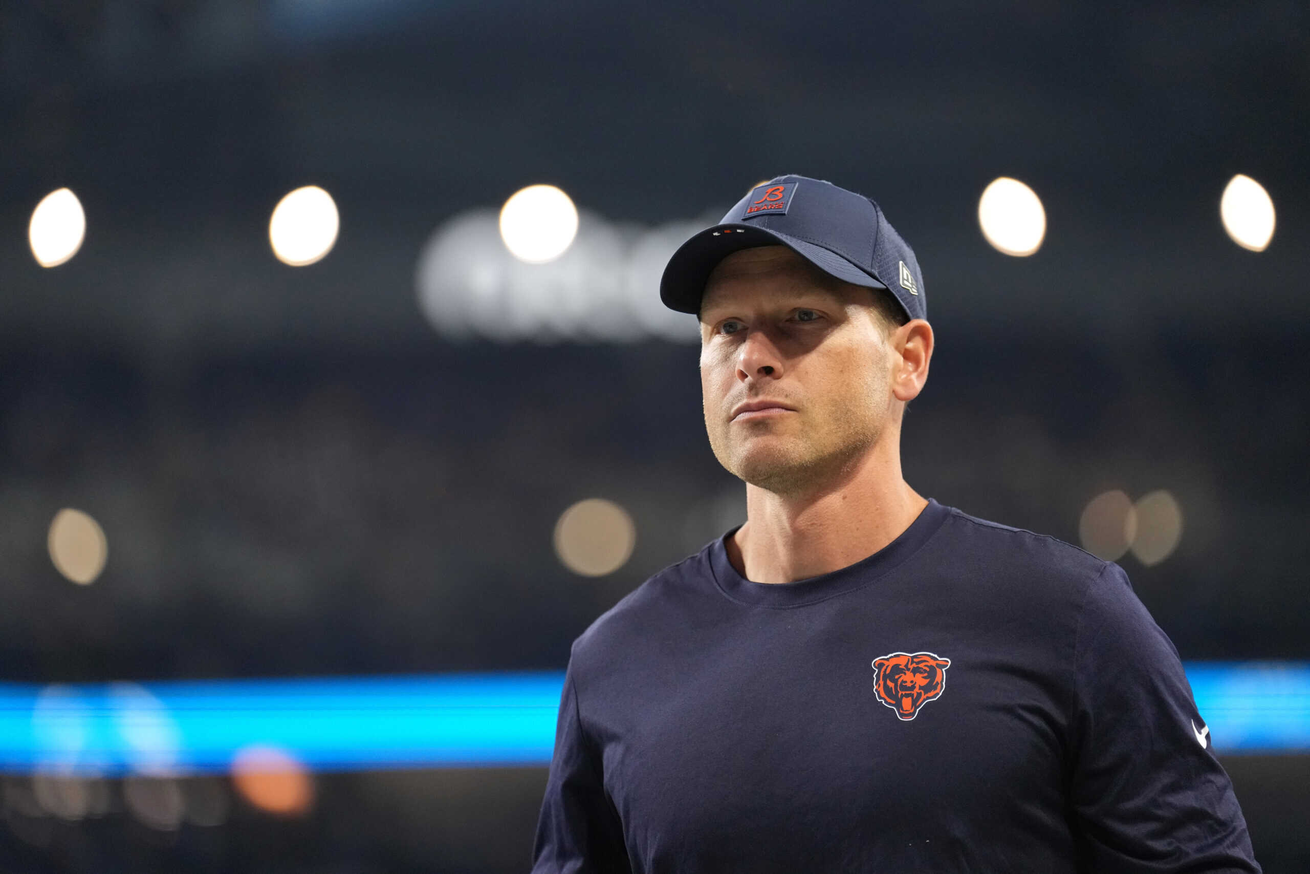 DETROIT, MICHIGAN - SEPTEMBER 14: Head coach Ben Johnson of the Chicago Bears looks on prior to the game against the Detroit Lions at Ford Field on September 14, 2025 in Detroit, Michigan.