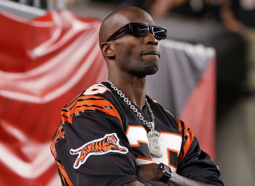 CINCINNATI, OHIO - SEPTEMBER 23: Former player Chad Ochocinco Johnson looks on during the second quarter between the Washington Commanders and the Cincinnati Bengals at Paycor Stadium on September 23, 2024 in Cincinnati, Ohio.