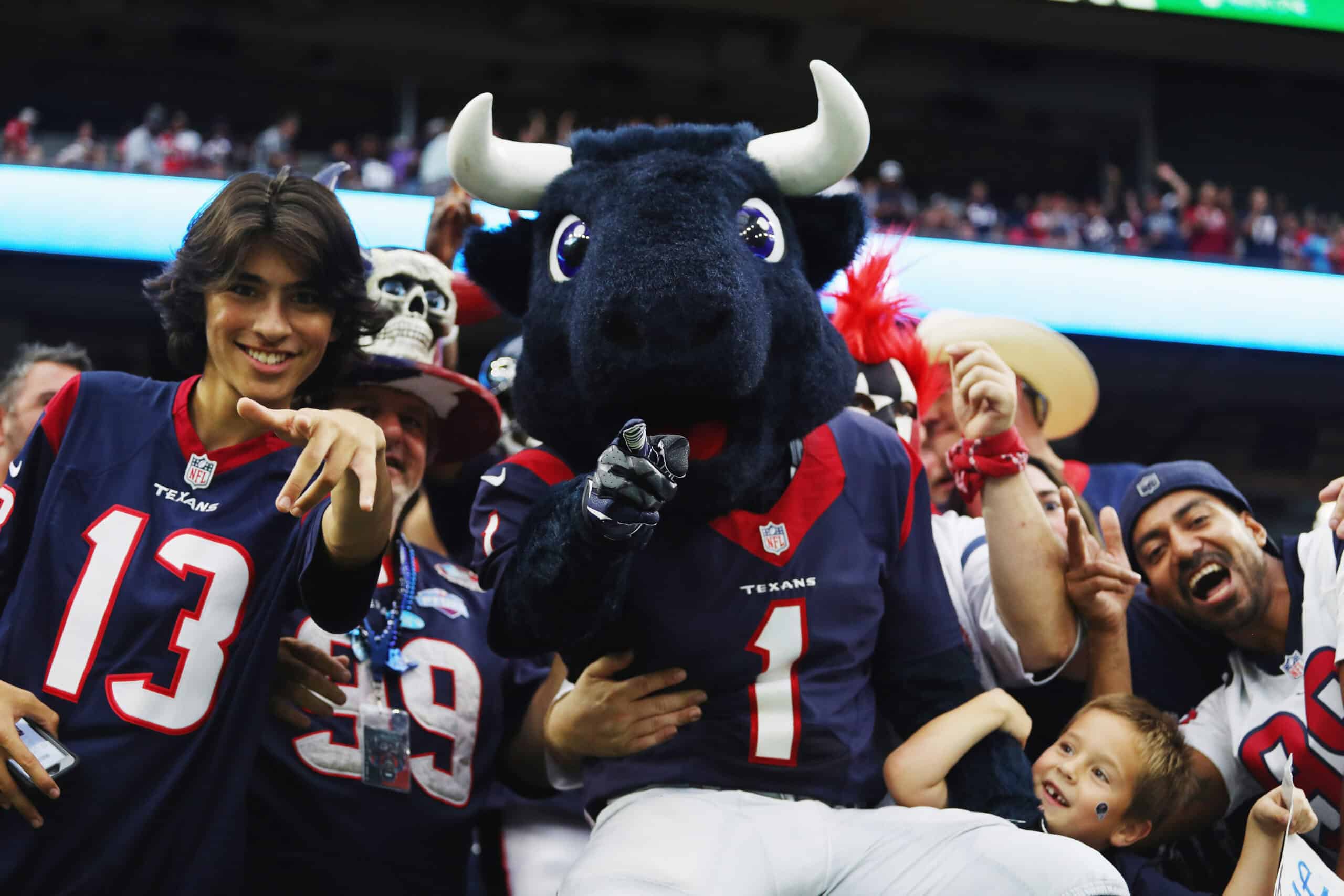 HOUSTON, TX - SEPTEMBER 18: Houston Texans mascot Toro celebrates with fans after defeating the Kansas City Chiefs 19-12 at NRG Stadium on September 18, 2016 in Houston, Texas.