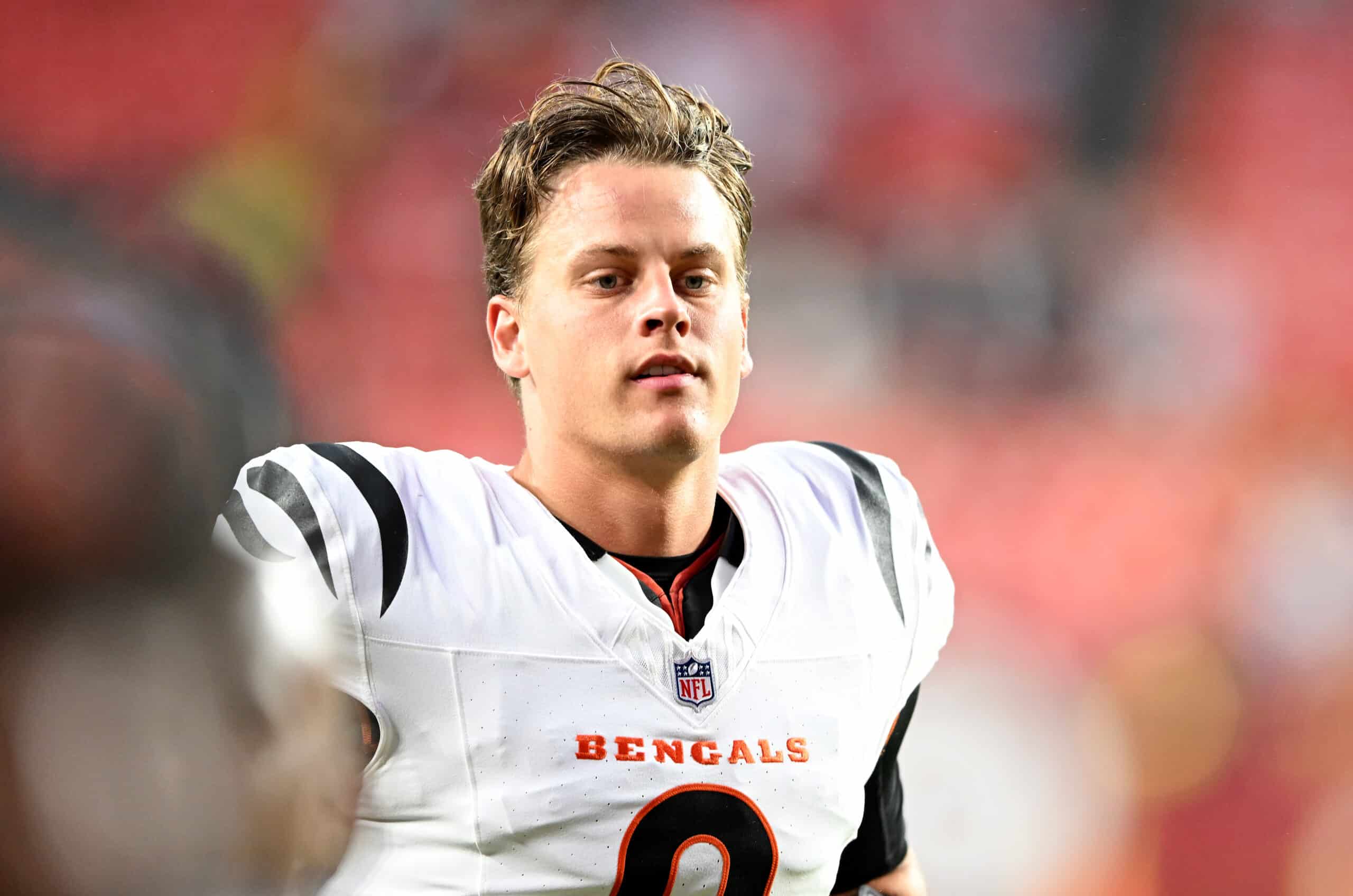 LANDOVER, MARYLAND - AUGUST 18: Joe Burrow #9 of the Cincinnati Bengals warms up before the game against the Washington Commanders during the NFL Preseason 2025 game between Cincinnati Bengals and Washington Commanders at Northwest Stadium on August 18, 2025 in Landover, Maryland.
