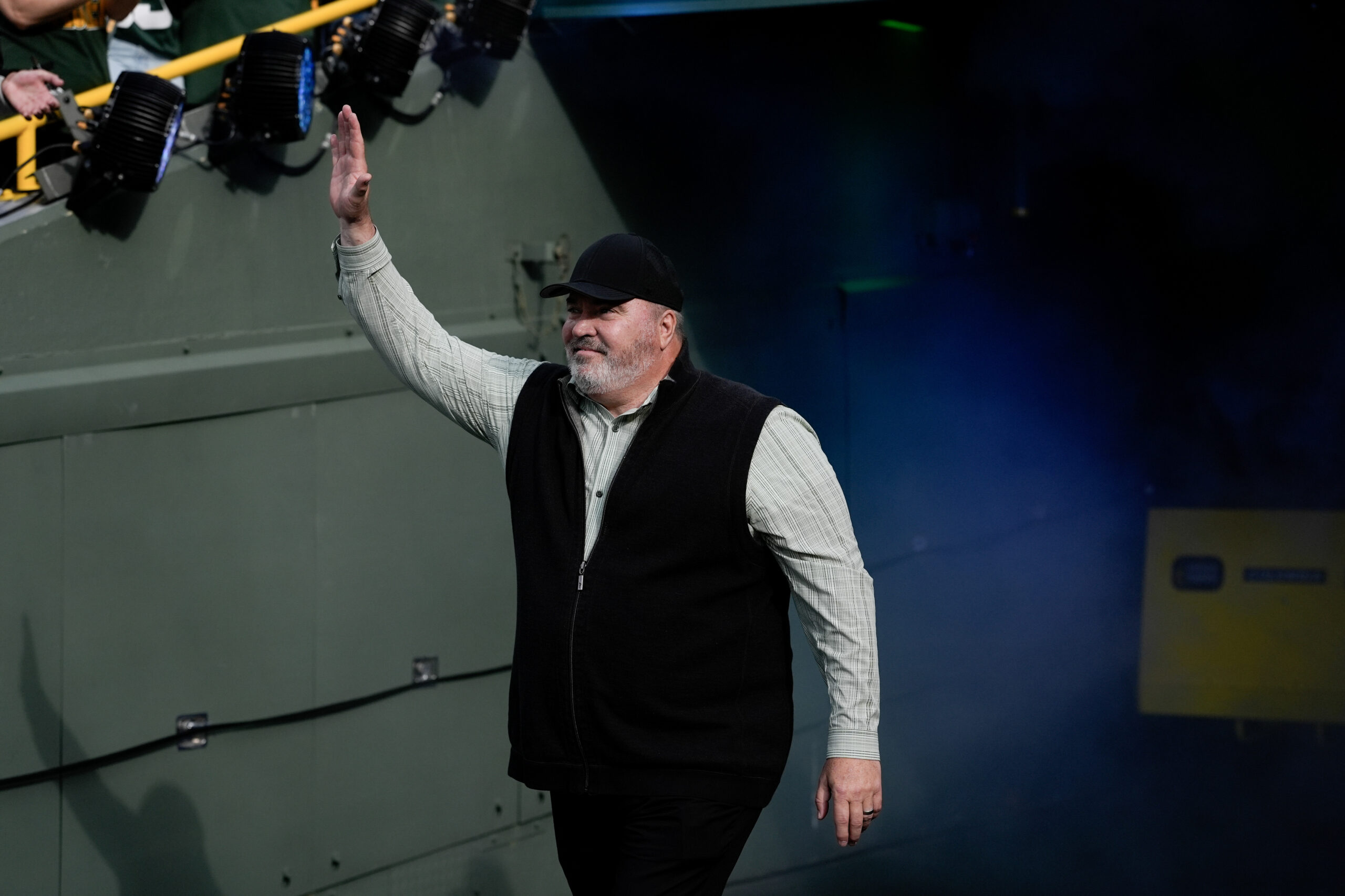 GREEN BAY, WISCONSIN - SEPTEMBER 07: Former Green Bay Packers head coach Mike McCarthy is honored during halftime of a game against the Detroit Lions at Lambeau Field on September 07, 2025 in Green Bay, Wisconsin. 