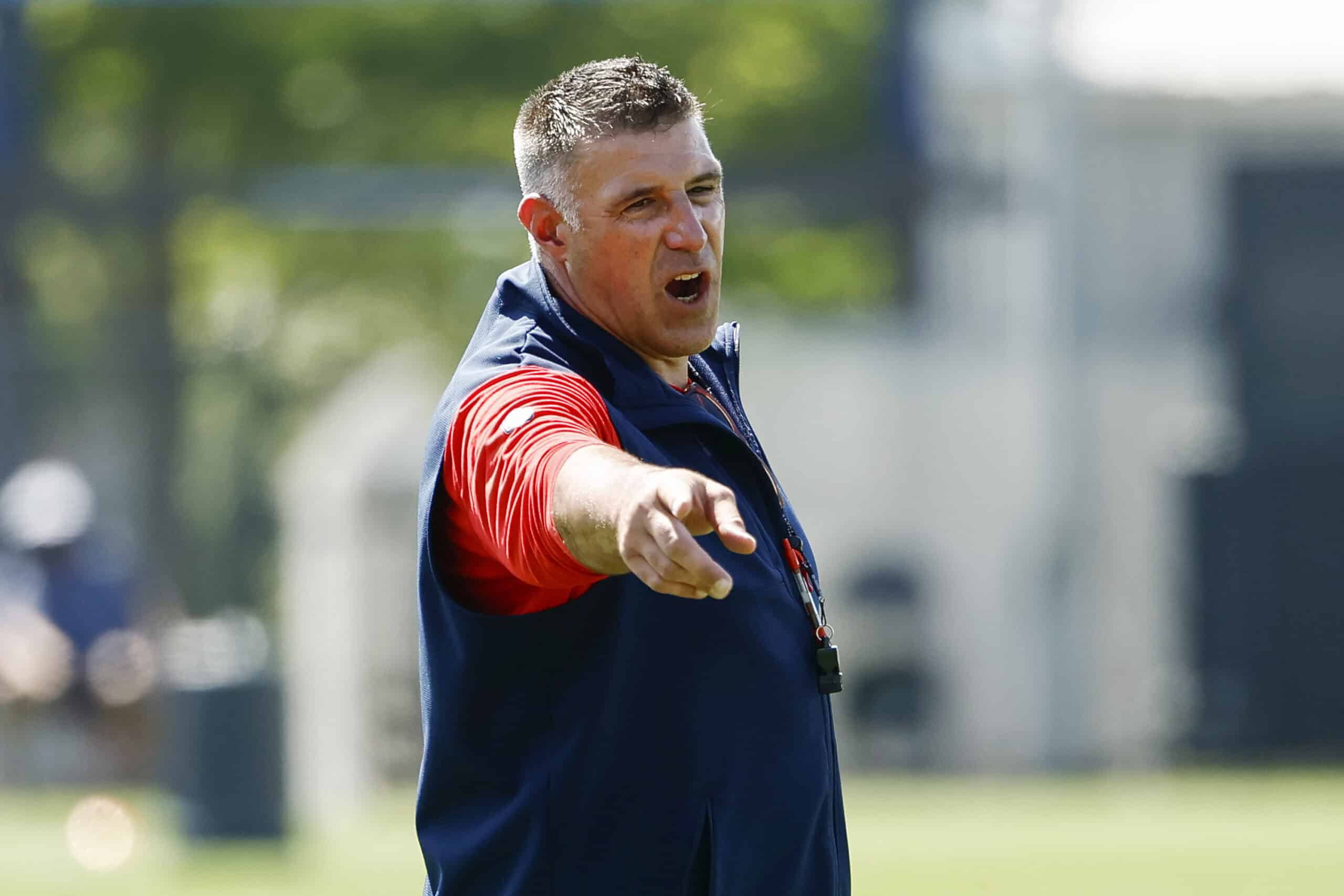 FOXBOROUGH, MA - JULY 28: Mike Vrabel head coach of the New England Patriots directs his players during training camp at Gillette Stadium on July 28, 2025 in Foxborough, Massachusetts.