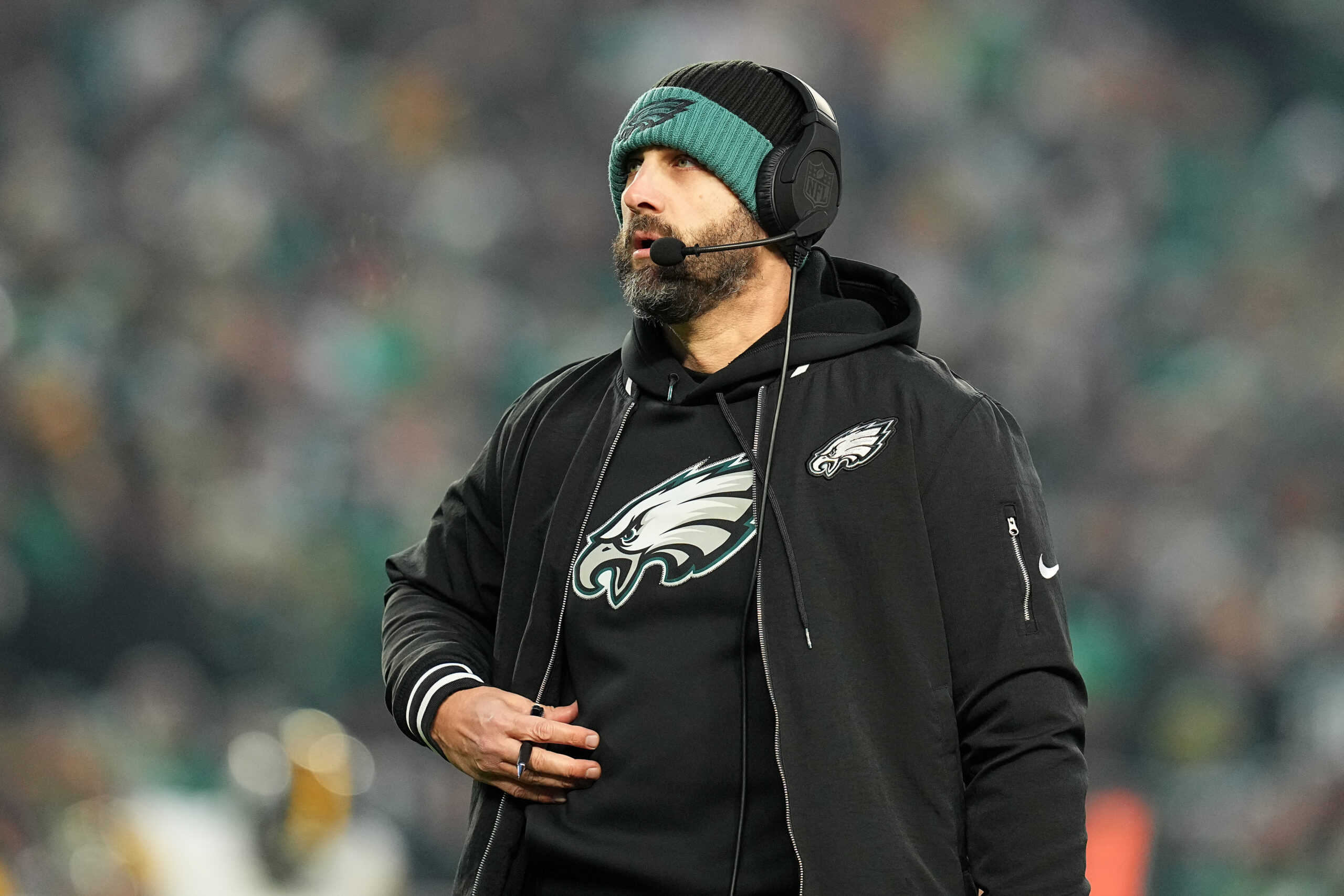 PHILADELPHIA, PENNSYLVANIA - DECEMBER 15: Head coach Nick Sirianni of the Philadelphia Eagles looks on against the Pittsburgh Steelers during the first half at Lincoln Financial Field on December 15, 2024 in Philadelphia, Pennsylvania.