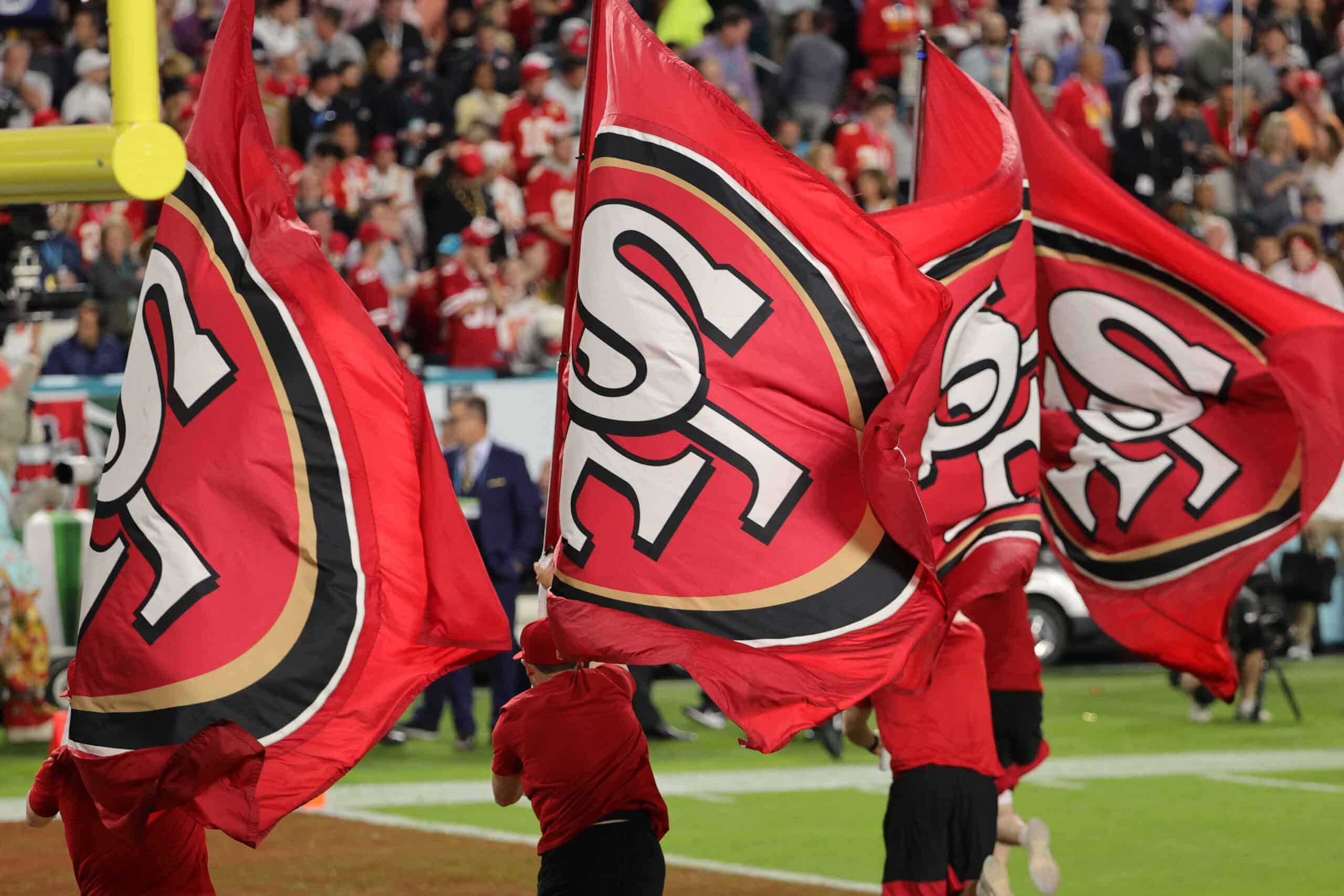 MIAMI, FLORIDA - FEBRUARY 02: A general view of San Francisco 49ers flags against the Kansas City Chiefs during the third quarter in Super Bowl LIV at Hard Rock Stadium on February 02, 2020 in Miami, Florida.